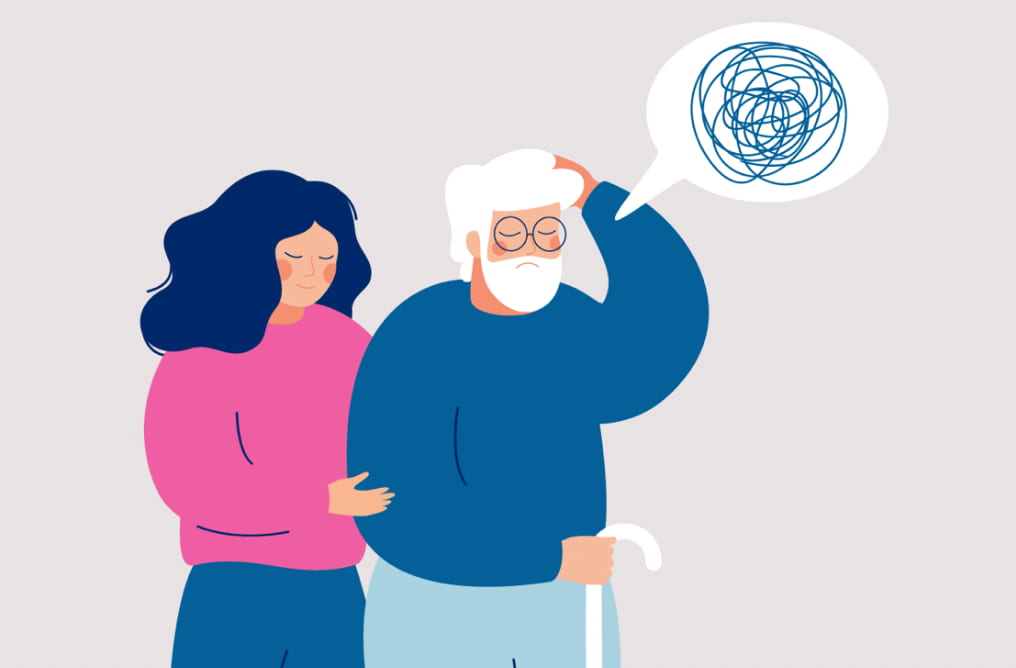 An illustration of a young woman comforting an elderly man with a cane who has a thought bubble containing a tangled line, symbolizing confusion or a complicated thought